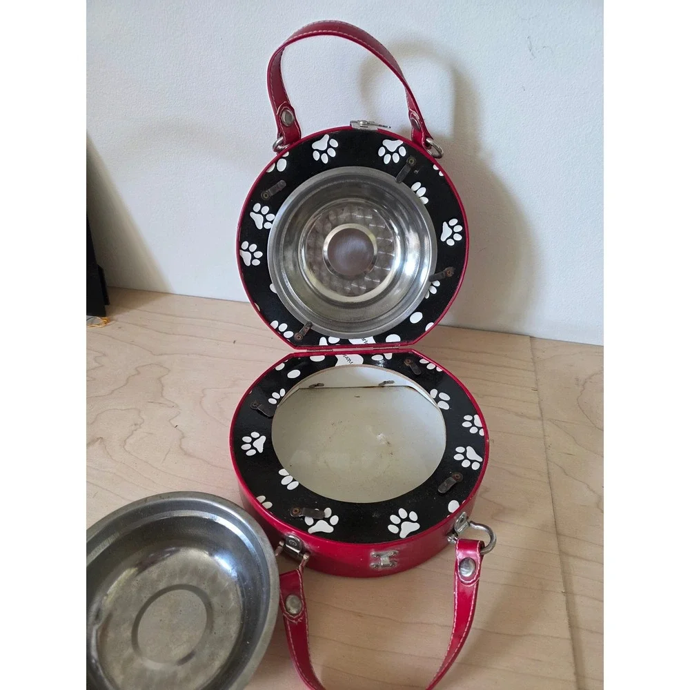 PortablePET Vintage Red Faux Leather Pet Bowl Luggage Set Dog Bone Paw Print